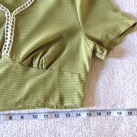 𝅺CROPPED green gingham blouse with lace trim 6 Spring Summer Twee Retro - Picture 9 of 12
